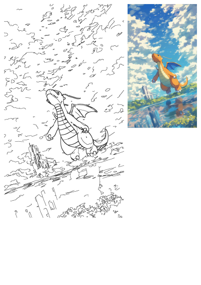 Dragonite flying over water with clouds, a Pokemon shown in both a vibrant illustration and detailed line art.