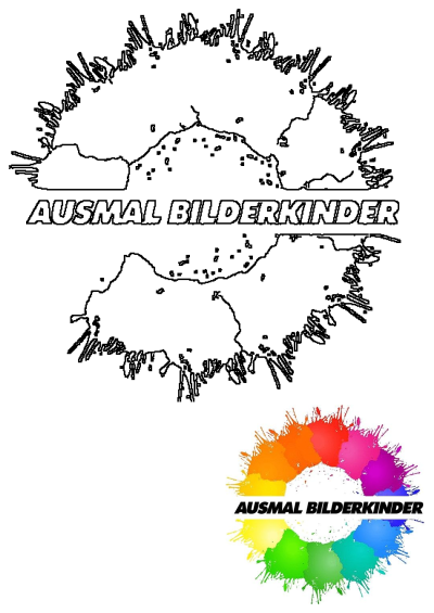 Ausmalbilderkinder logo featuring vibrant rainbow paint splatters, with an additional black and white outline version for children to color.