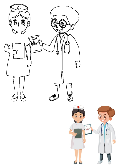Cartoon illustration of a male doctor with stethoscope and a female nurse, both holding medical clipboards. Includes outline and colored versions.