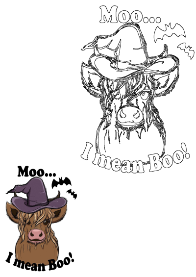 Cute fluffy Highland cow in a witch hat saying 'Moo... I mean Boo!' with bats. Ideal for Halloween fabric or wallpaper.