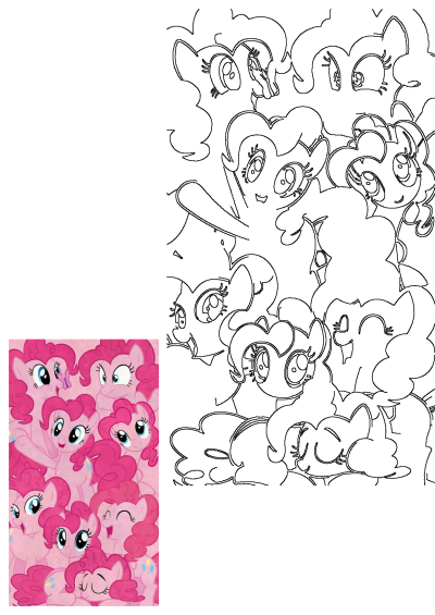 Vibrant Pinkie Pie ponies grouped together in a cheerful cartoon wallpaper, featuring both colorful illustrations and detailed outlines.