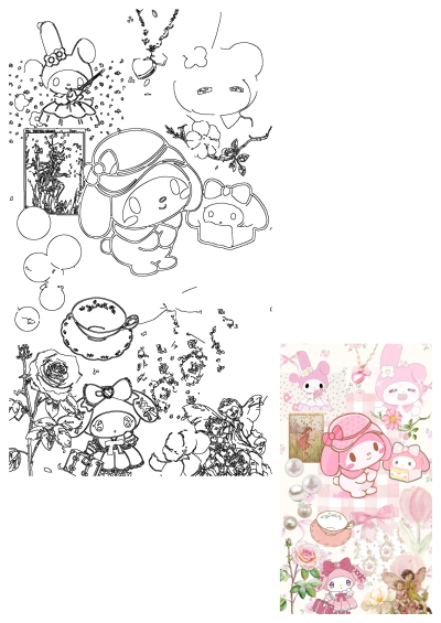 My Melody Sanrio pink wallpaper collage featuring cute character illustrations, flowers, pearls, and outlines of beloved Sanrio friends.