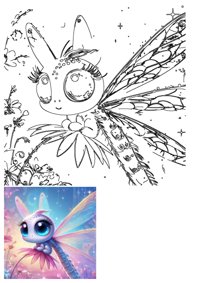 Cute dragonfly creature with big blue eyes, like a tiny dragon, perched on a pink daisy flower in a sparkling, magical setting.