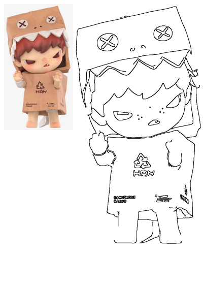 A cute toy figure with red hair and freckles, dressed as a cardboard box monster with 'X' eyes, jagged teeth, and hazardous cargo markings.