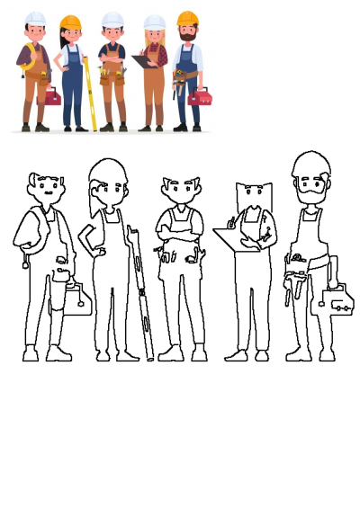 A diverse cartoon team of five construction workers, male and female, wearing hardhats and holding various tools, presented with a black-and-white outline drawing below.