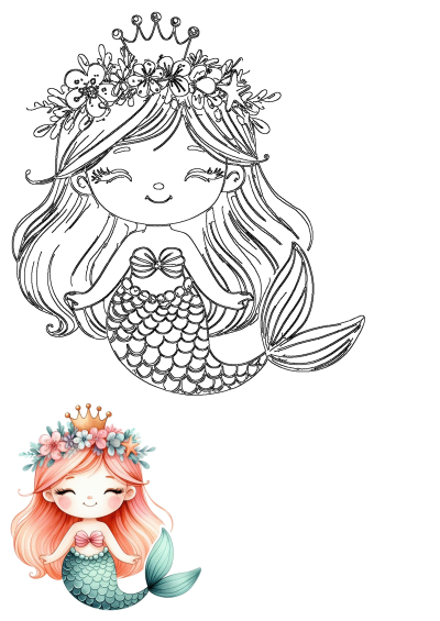 Cute mermaid watercolor illustration with a crown, colorful flowers, and a happy smile. Also includes an outline drawing.