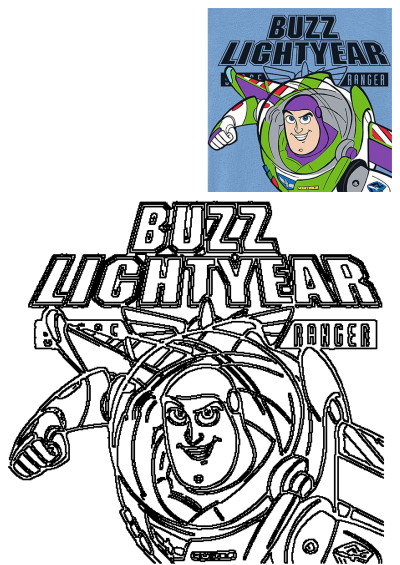 Buzz Lightyear flying in the air, a Toy Story character design. Includes both a vibrant color graphic and a black and white outline.