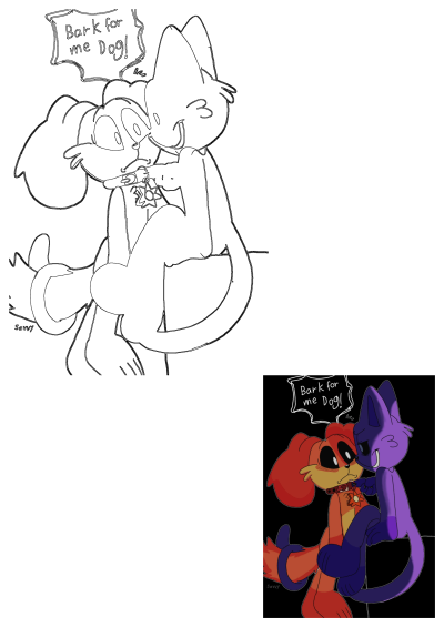 A cartoon cat hugs a surprised dog, playfully asking 'Bark for me Dog!' in a speech bubble, illustrating a mischievous interaction.