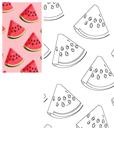 Vibrant watermelon slices on a pink background, perfect for summer fruit designs, along with simple line art outlines of watermelon slices.