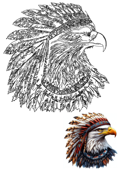 Detailed illustration of a majestic bald eagle wearing a traditional Native American feather headdress, presented in color and outline.