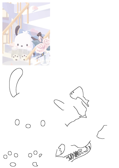 A cute Pochacco puppy cartoon character sits on pastel stairs next to a vase of elegant pink roses, creating a charming scene.