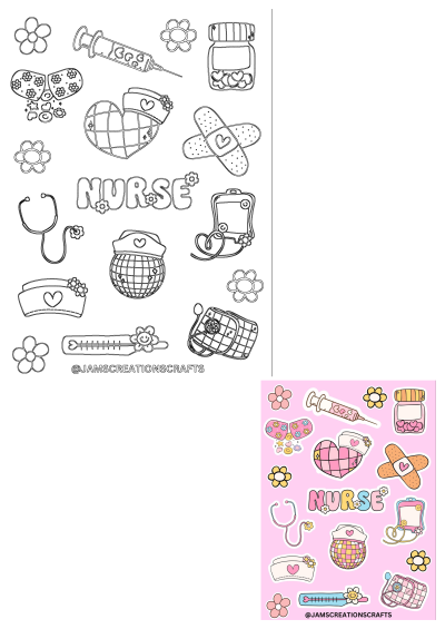 Colorful nurse medical healthcare stickers on a pink background, featuring stethoscopes, syringes, caps, hearts, and band-aids.