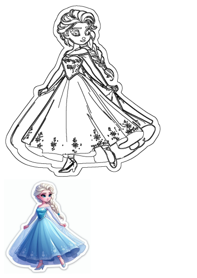Elsa from Frozen cartoon in her blue princess dress, accompanied by a versatile outline drawing for crafts or activities.