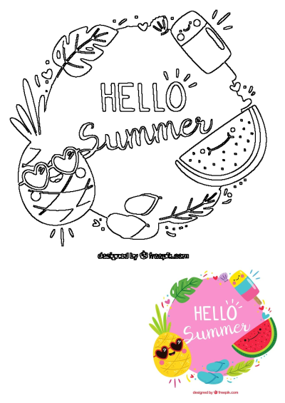 Colorful Hello Summer illustration featuring a pineapple in sunglasses, watermelon, ice cream, tropical leaves and flip-flops.