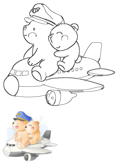 Charming watercolor illustration of two teddy bears, one a pilot, riding on an airplane. Perfect for kids' adventure themes.