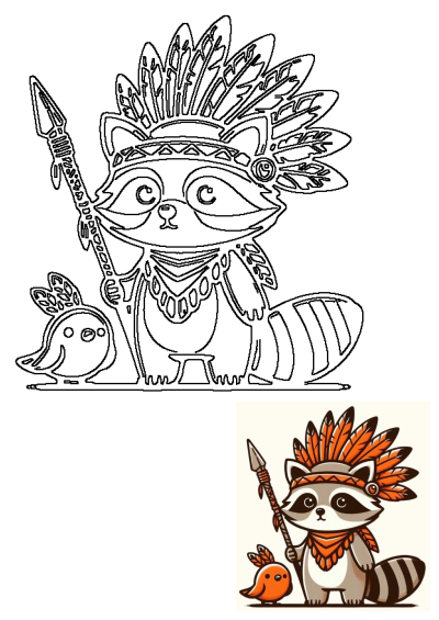 Whimsical raccoon outline art wearing a feathered headdress, holding a spear, with a small bird. Great for t-shirt design.