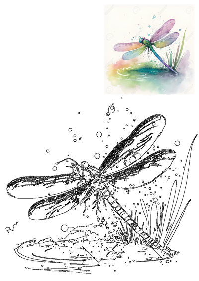 Vibrant watercolor art of a colorful dragonfly with iridescent wings over a pond, paired with its black outline version.
