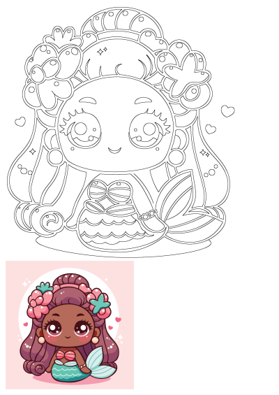 Cute kawaii mermaid illustration with a flower crown, dark skin, and a charming smile. Includes both black and white outline and a vibrant colored version.