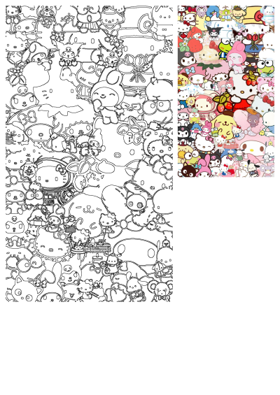 Hello Kitty and Sanrio Friends sticker collage with a detailed black and white outline drawing, featuring many beloved characters.