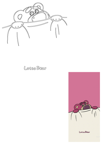 Cute Lotso Bear from Toy Story cartoon peeking, shown as a black and white outline and a vibrant pink-themed colored illustration.