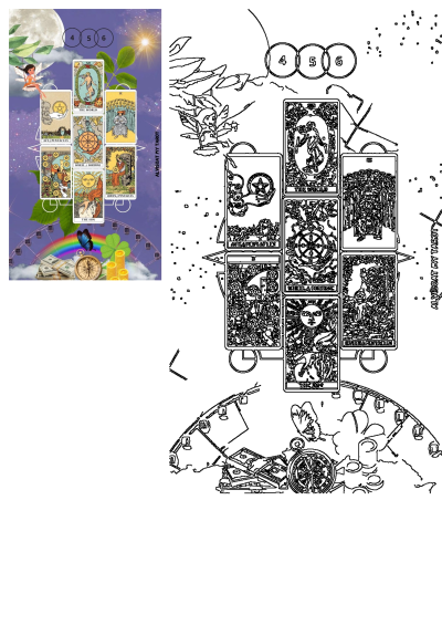 Cute cartoon financial tarot spread wallpaper featuring a whimsical fairy, moon, sun, tarot cards, money, and lucky charms.