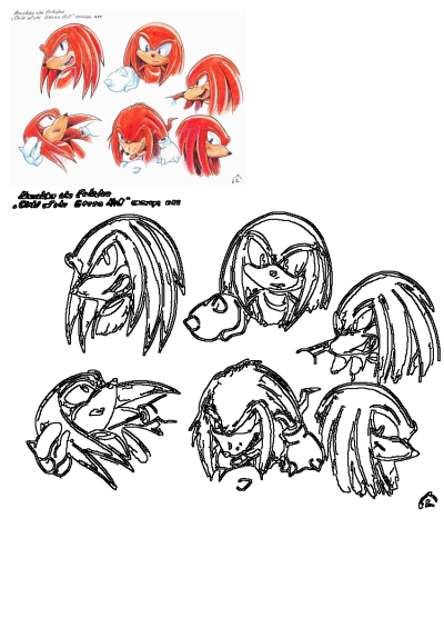 Knuckles the Echidna concept art drawings for Sonic The Hedgehog, displaying diverse expressions and angles in colored and sketch form.