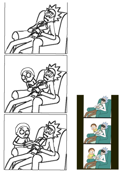 Rick and Morty comic strip with Rick Sanchez sleeping in a teal armchair, as Morty Smith interacts with him.