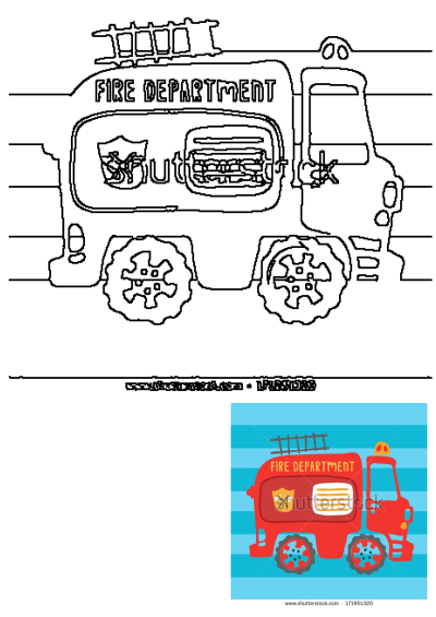 A vibrant cartoon red fire truck for the fire department, featuring a ladder, sirens, and bold text.
