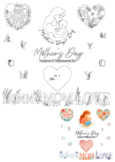 Mother's Day floral watercolor clipart bundle with mom and baby illustration, 'Best Mom Ever' wreath, heart, & text designs.