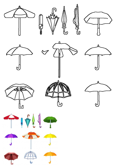 Colorful Umbrellas Web Design Elements featuring a vibrant collection of vector illustrations and black outline icons.