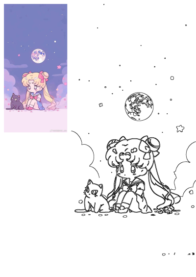 Cute anime style wallpaper of chibi Sailor Moon with her black cat Luna sitting under a pastel full moon in a starry night.