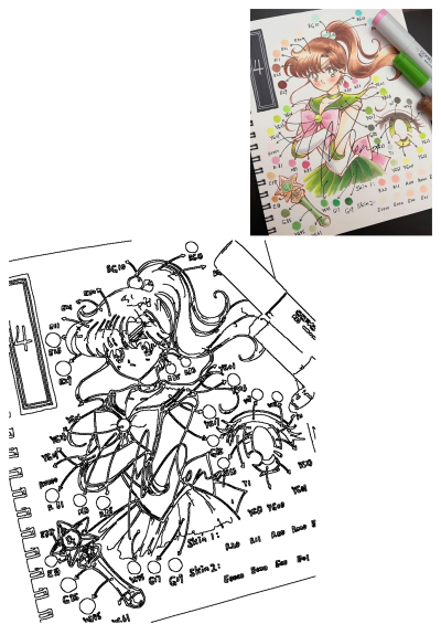 Sailor Jupiter drawing tutorial using Copic markers, showing detailed color choices and swatches for different sections of the character.