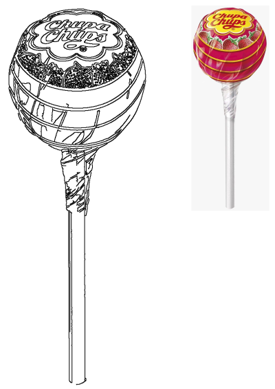 A vibrant Chupa Chups Strawberry lollipop in red and yellow wrapper, featuring fresh strawberries, isolated on white, alongside its outline.