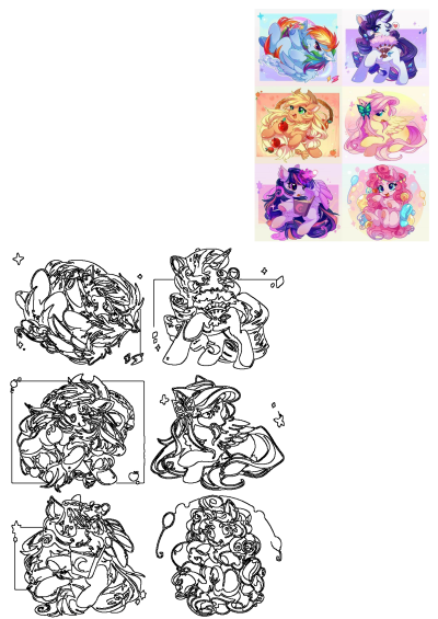 My Little Pony Characters Artwork Collection featuring vibrant, stylized fan art of Rainbow Dash, Rarity, Applejack, Fluttershy, Twilight Sparkle, and Pinkie Pie.