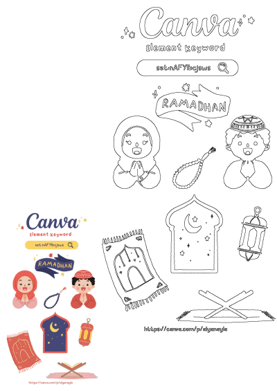 Canva Ramadhan illustration set featuring Muslim children, prayer essentials like rug, Quran, tasbih, lantern, and mosque window. Includes colored and outline designs.