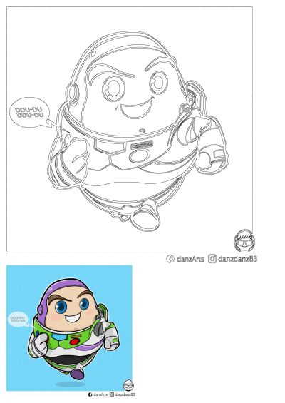 A cute chibi-style Cartoon Buzz Lightyear Character in Space Suit, floating happily with a speech bubble. Includes outline version.