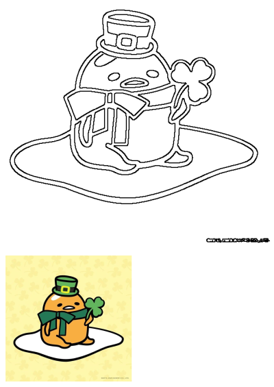 Outline of Gudetama celebrating St. Patrick's Day, featuring an orange hat, bow, and holding a lucky clover.