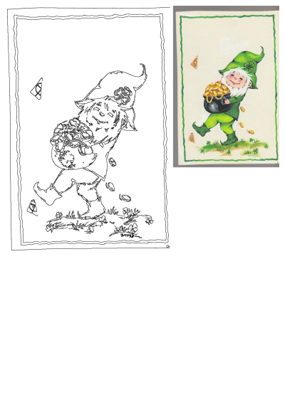 A cheerful leprechaun in green carries a pot of gold, spilling coins onto shamrock-filled grass. Ideal St. Patrick's Day greeting card art.