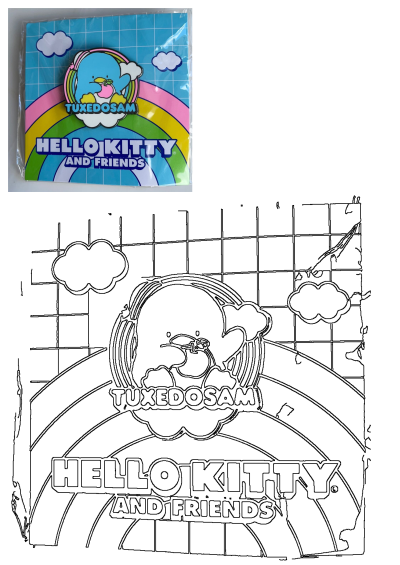 Hello Kitty and Friends Tuxedosam sticker, featuring the blue penguin holding a pink apple on a vibrant rainbow background.