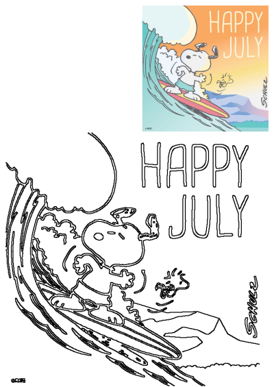 A joyful Snoopy surfing a wave with Woodstock, celebrating summer. This vibrant cartoon image includes 'Happy July' text, perfect for the season.