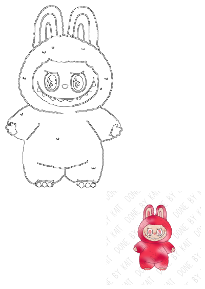 A whimsical character in a red bunny suit, with large, sparkling eyes and a cheerful grin. Features both outline and small colored drawing.