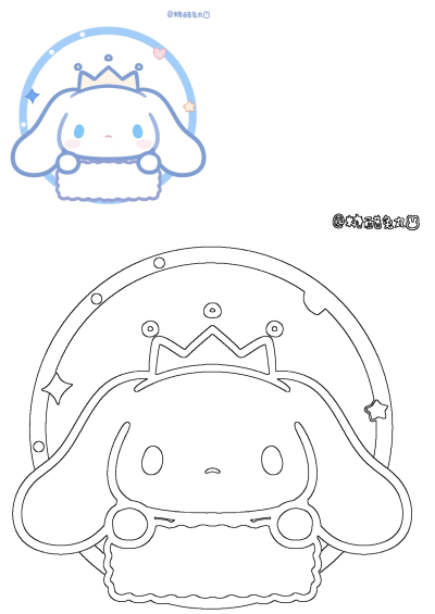 Cute Cinnamoroll character wearing a golden crown, resting on a fluffy pillow-like base, with stars and a heart. Also a drawing outline.