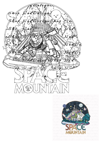 Space Mountain logo outline design featuring Buzz Lightyear soaring around the iconic structure, surrounded by stars and celestial elements.