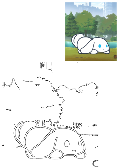 Cinnamoroll character laying in a beautiful cartoon park. Features green trees, a pond, and a cityscape with buildings in the background.