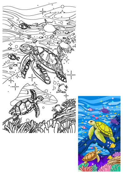 Vibrant ocean illustration featuring green and brown sea turtles, colorful coral reefs, and small fish, with stars and hearts.