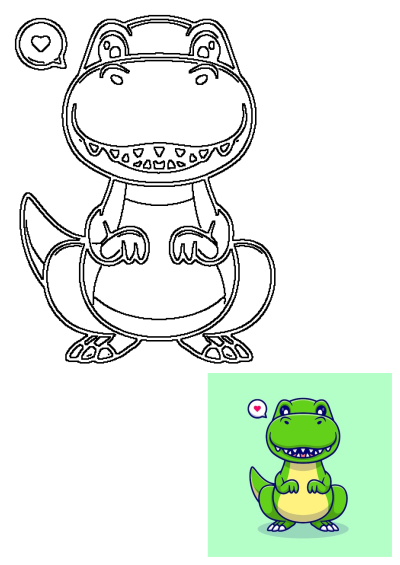 A friendly green cartoon alligator with a yellow belly smiles, showing a heart in its empty thought bubble on a green background.