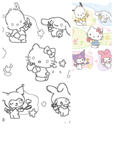 Hello Kitty and Friends cartoon characters wallpaper featuring beloved Sanrio characters in vibrant colored and outline styles.