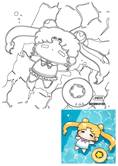 Chibi cartoon girl with blonde pigtails floats serenely in water, wearing a swimsuit. A yellow ring float with a starfish is next to her.