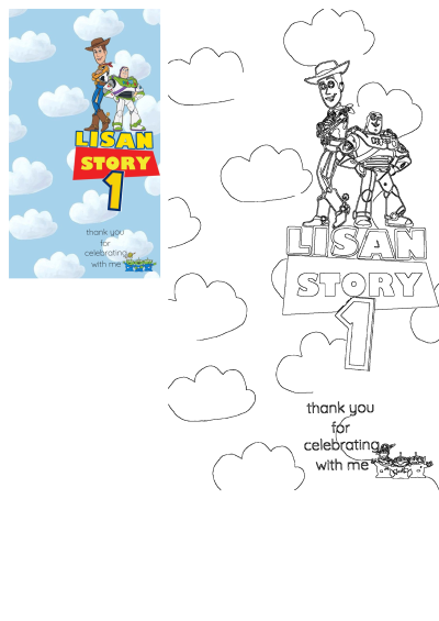 Lisan Story 1 Toy Story graphic with Woody, Buzz Lightyear, and aliens. Features a vibrant image and a coloring outline, perfect for a first birthday thank you.