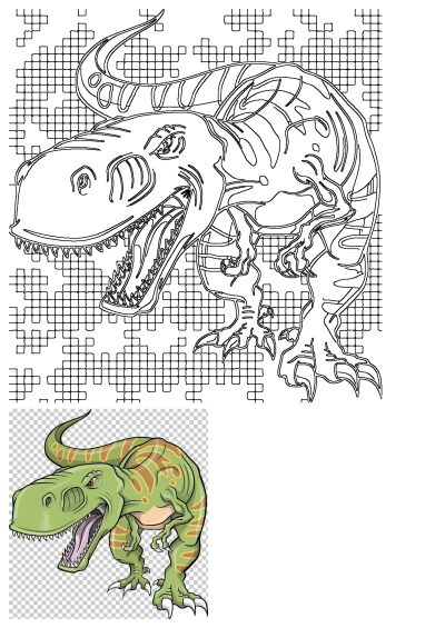 A roaring green and yellow T-Rex dinosaur illustration with an open mouth showing sharp teeth and tongue, standing against a patterned background.